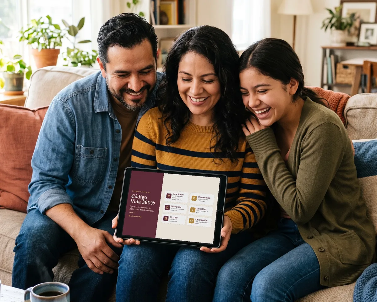 Una familia en el sofá mirando juntos el Código Vida 360® en una tablet, con los 6 pilares del método